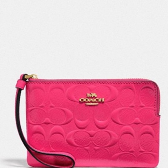 Coach Handbags - NWT COACH Signature Corner Zip Wristlet Neon Pink